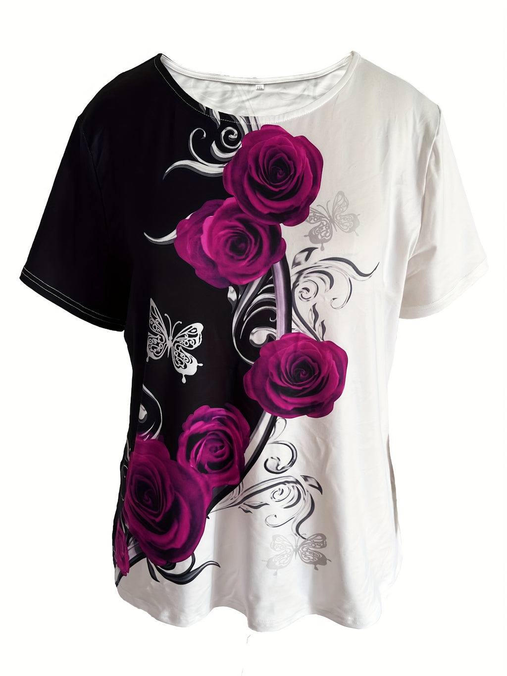 Rose Print Color Block T-shirt, Casual Crew Neck Short Sleeve T-shirt, Women's Clothing