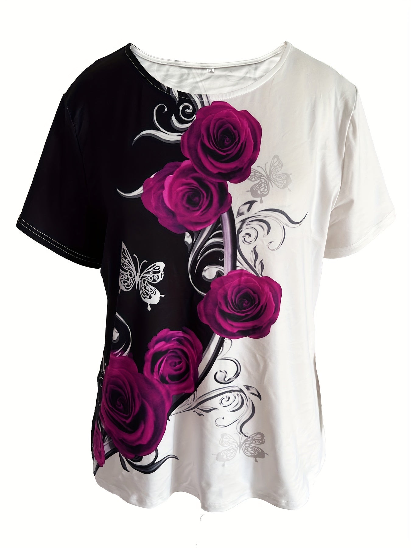 Rose Print Color Block T-shirt, Casual Crew Neck Short Sleeve T-shirt, Women's Clothing