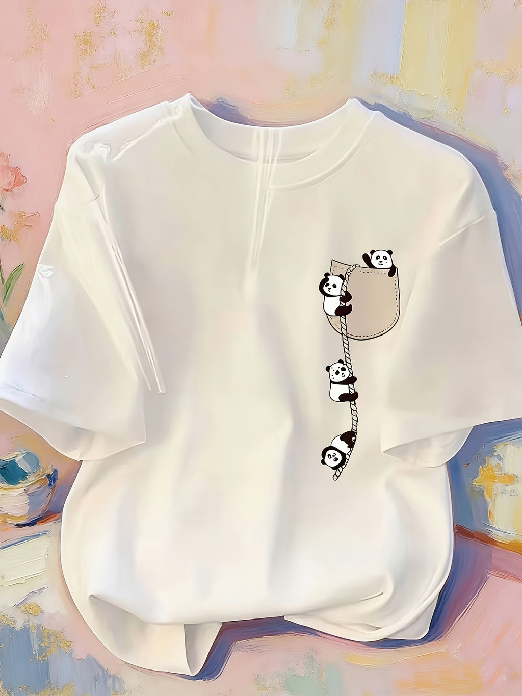 Women's Casual Printed Short-Sleeve T-Shirt - Black Print Design, Round Neck, Lightweight, Machine Washable, Spring/Summer Top, Elegant Women's Shirt