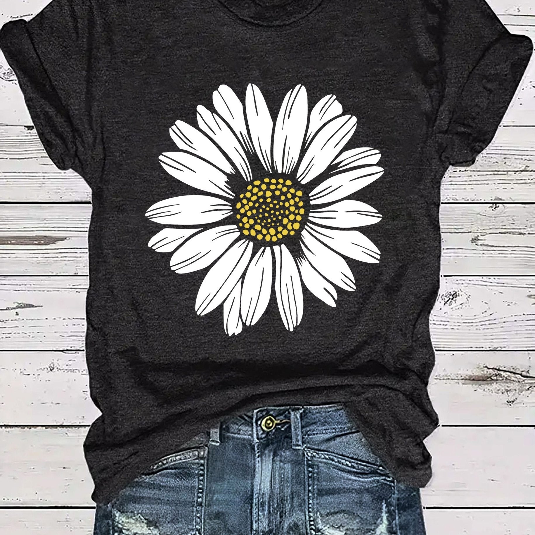 Daisy Flower Print Women's Summer Outfit Combined Version Round Neck T-shirt
