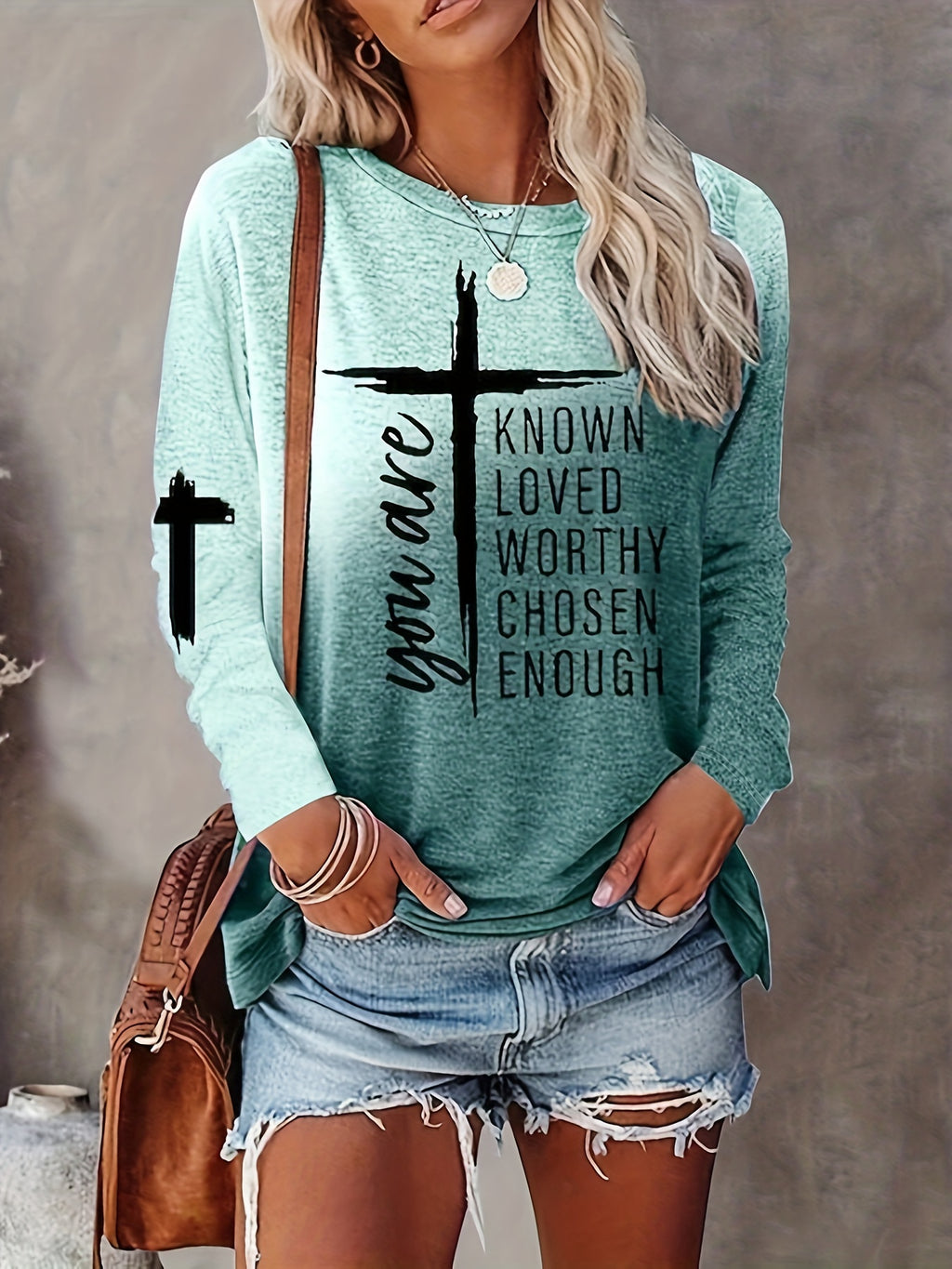 Women's Long Sleeve T-Shirt with Inspirational Lettering & Cross Design - Casual Round Neck Regular Fit All-Season Machine Washable Top, Ladies T Shirts, Casual Attire, Motivational Text Shirt, Soft Texture Apparel