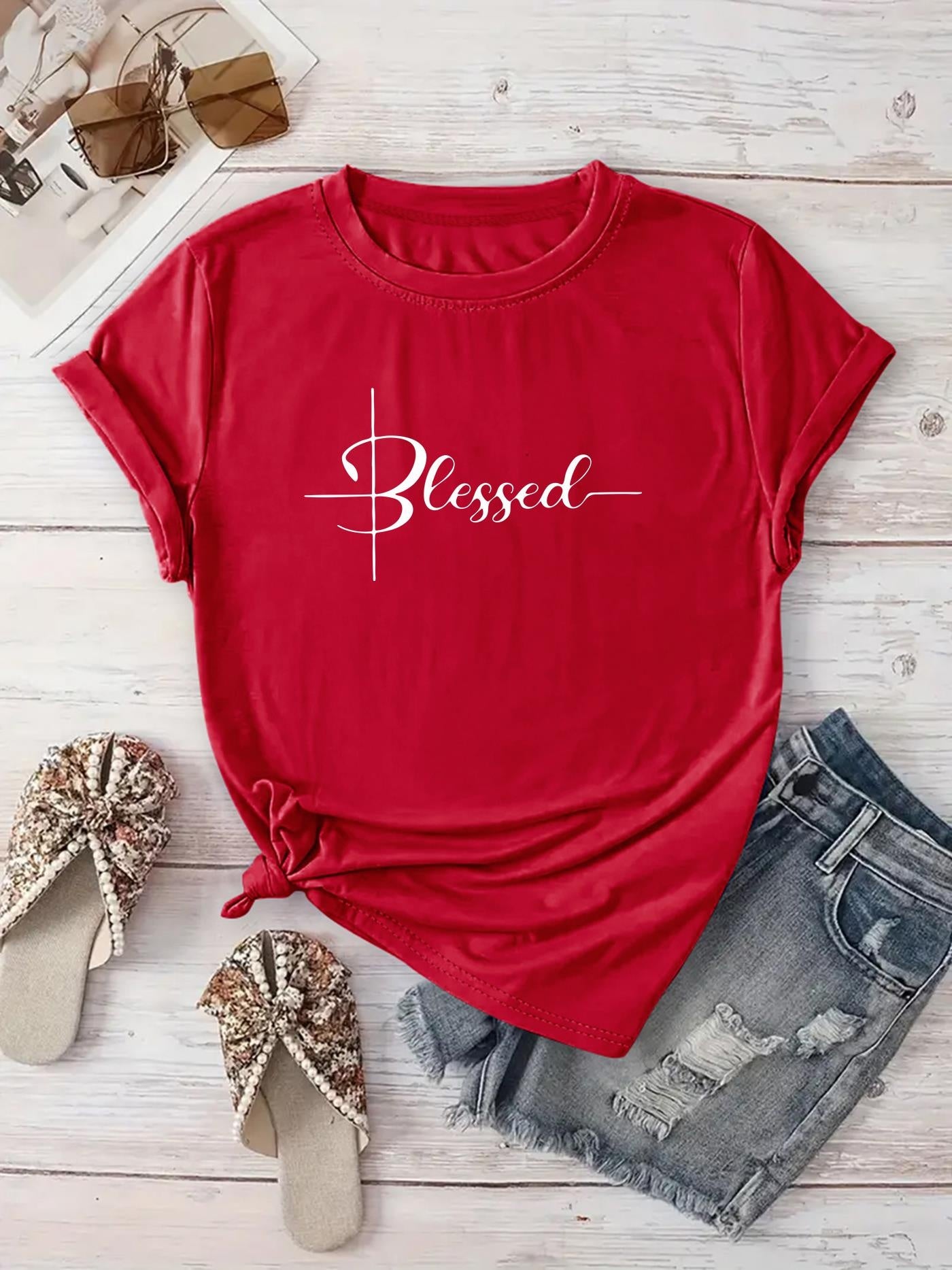[New Recommendation] Creative Monogram Blessed Printed T-shirt, Women's Casual, Vacation, Short-sleeved Round Neck, Spring and Summer, Machine Washable, New Women's Clothing, Out of the Street Versatile, S