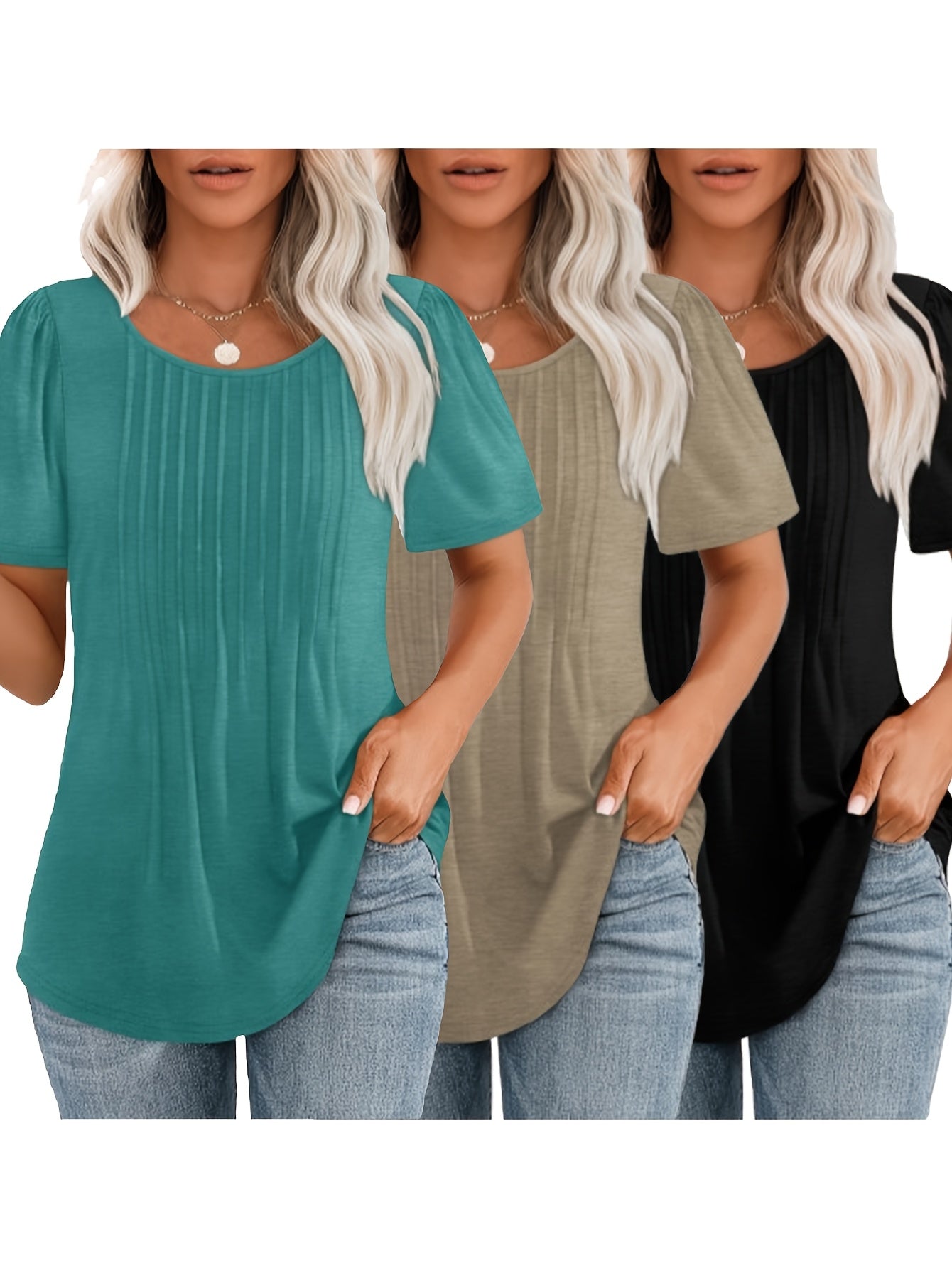 A Three-Piece Set of Women'S Elegant And Stylish Round-Neck Pleated Tops, Perfect for Casual Spring And Summer Wear, Featuring Comfortable And Breathable Short-Sleeve T-Shirts