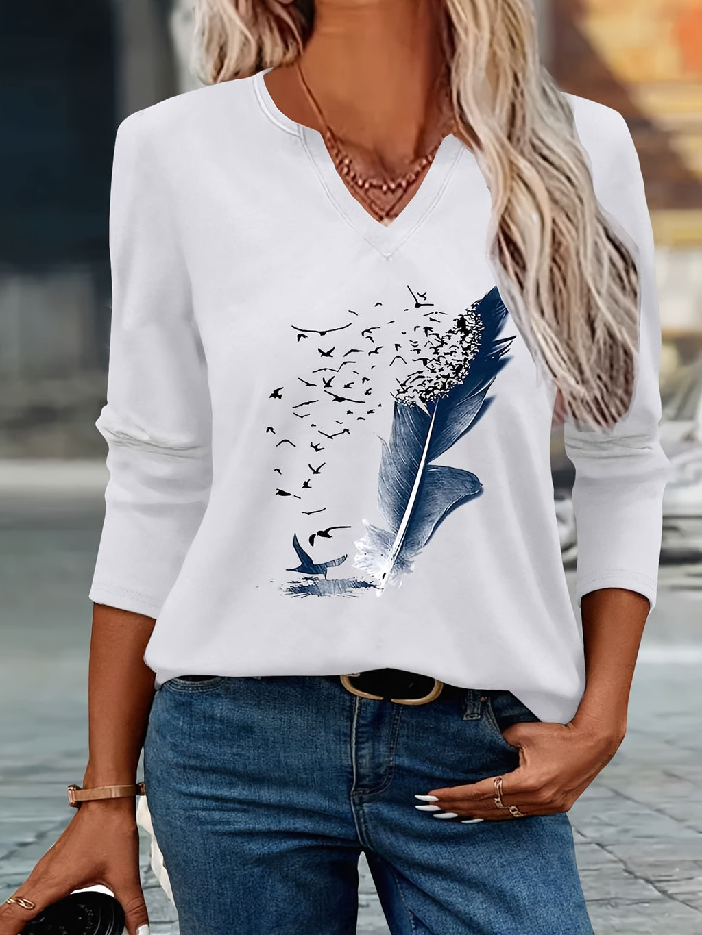 2025 New Style, Print Spring And Summer Fashion Easy Women'S Casual V-Neck Three-Quarter Sleeve T-Shirt 79-A41-544