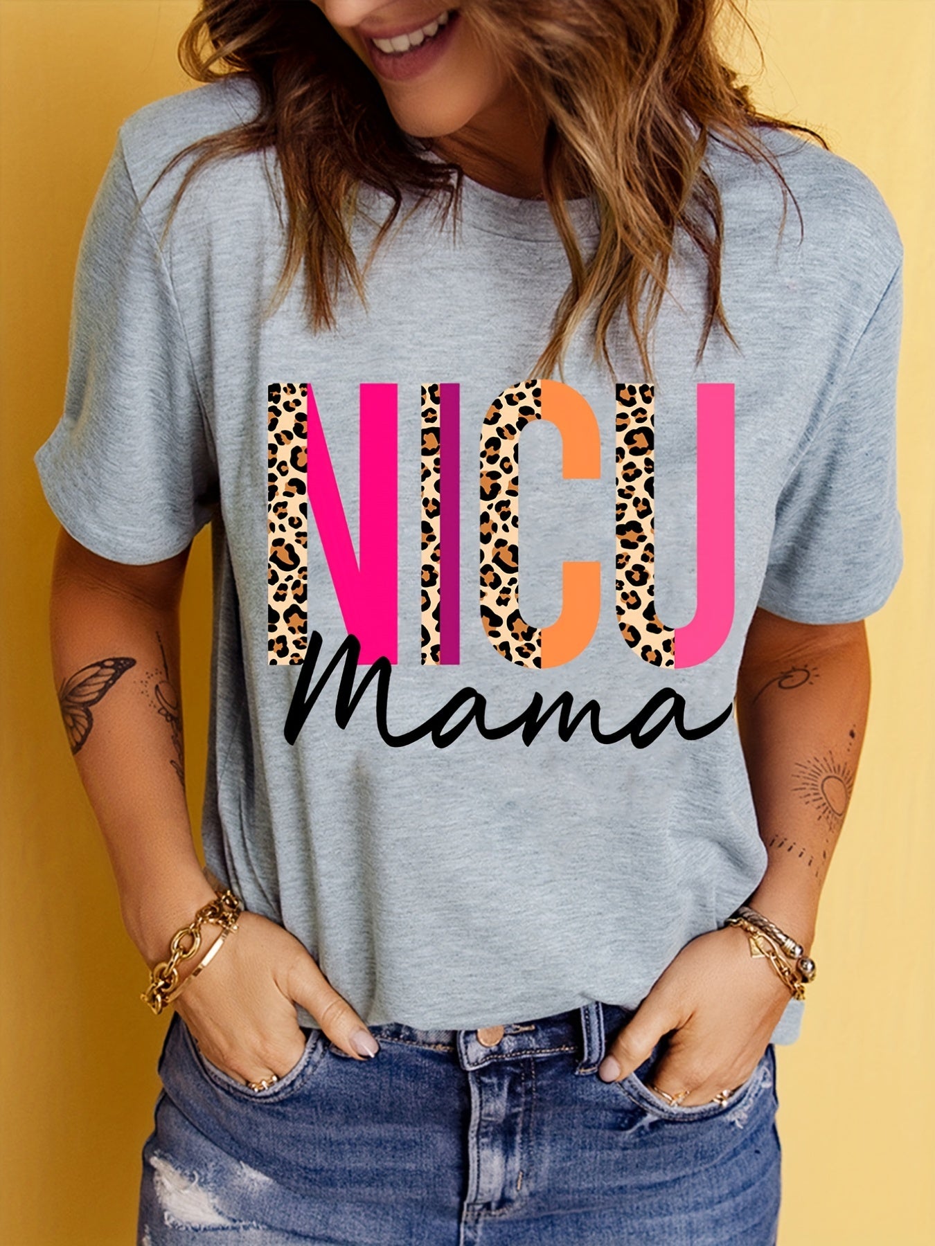 Blessed Grandma Print T-Shirt, Mother's Day Short Sleeve Crew Neck Casual Top For Spring & Summer, Women's Clothing