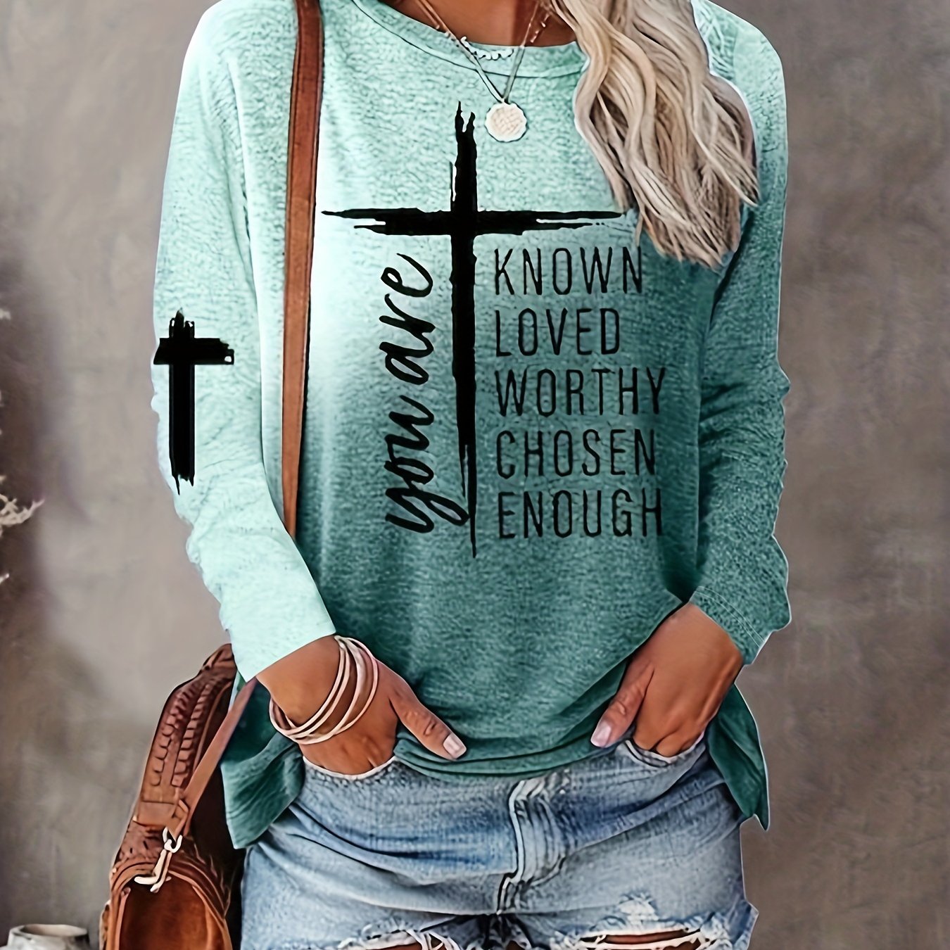 Women's Long Sleeve T-Shirt with Inspirational Lettering & Cross Design - Casual Round Neck Regular Fit All-Season Machine Washable Top, Ladies T Shirts, Casual Attire, Motivational Text Shirt, Soft Texture Apparel