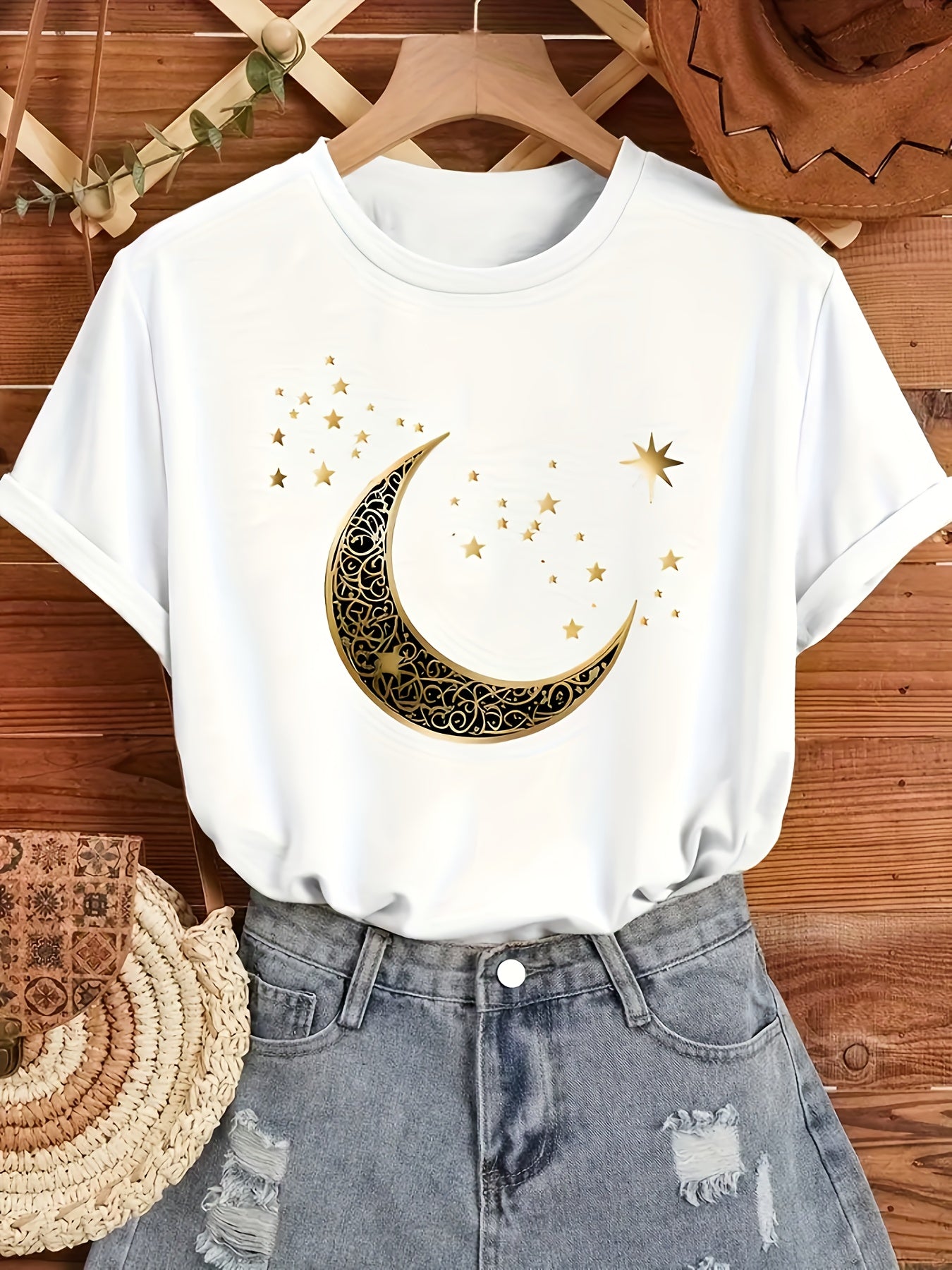 Moon Print Round Neck T-Shirt, Casual Short-Sleeve Top for Spring And Summer, Women'S Clothing