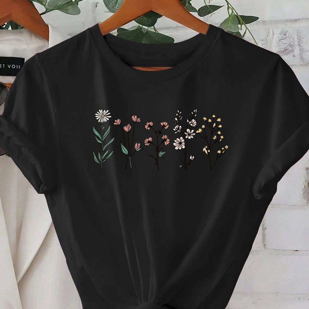 Women's Floral Print T-Shirt - Casual Short Sleeve Round Neck Summer Top, Machine Washable Lightweight Breathable Fabric for Vacation, Streetwear & Sports, Ladies T Shirts, Vacation Clothing, Trendy Graphic Tee, Comfortable F