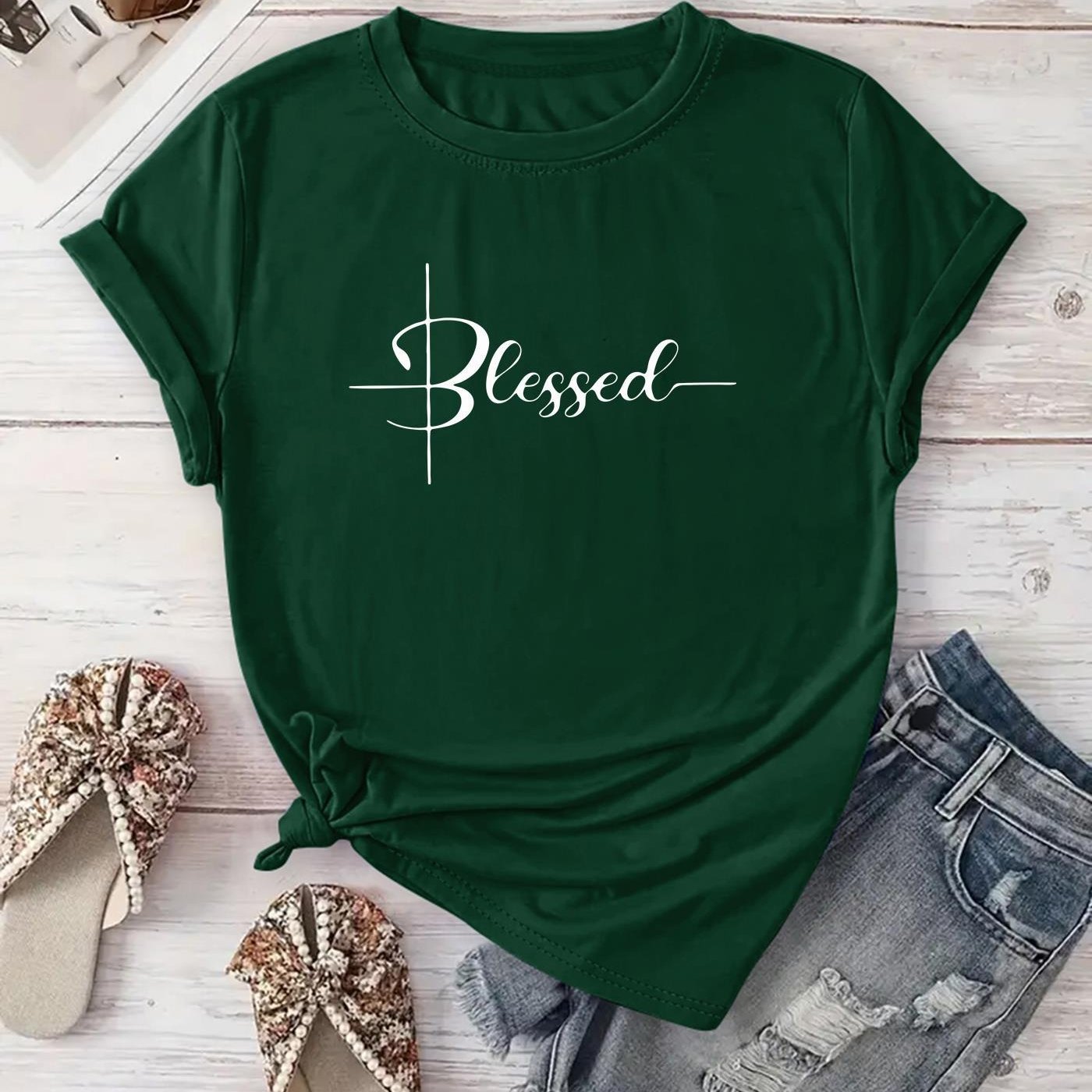 [New Recommendation] Creative Monogram Blessed Printed T-shirt, Women's Casual, Vacation, Short-sleeved Round Neck, Spring and Summer, Machine Washable, New Women's Clothing, Out of the Street Versatile, S