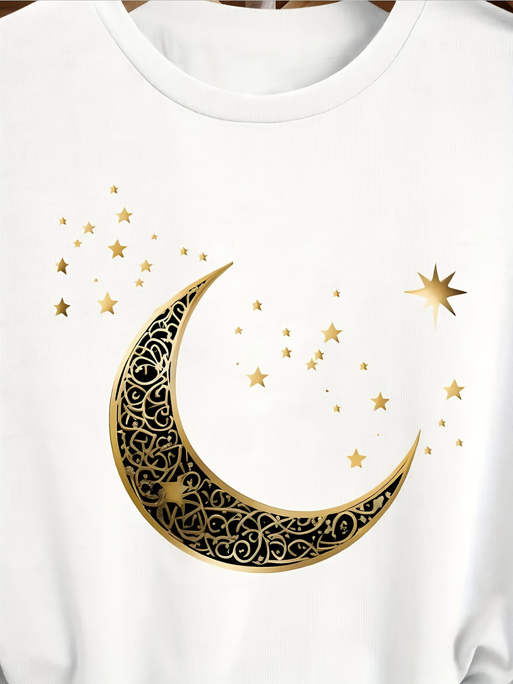 Moon Print Round Neck T-Shirt, Casual Short-Sleeve Top for Spring And Summer, Women'S Clothing