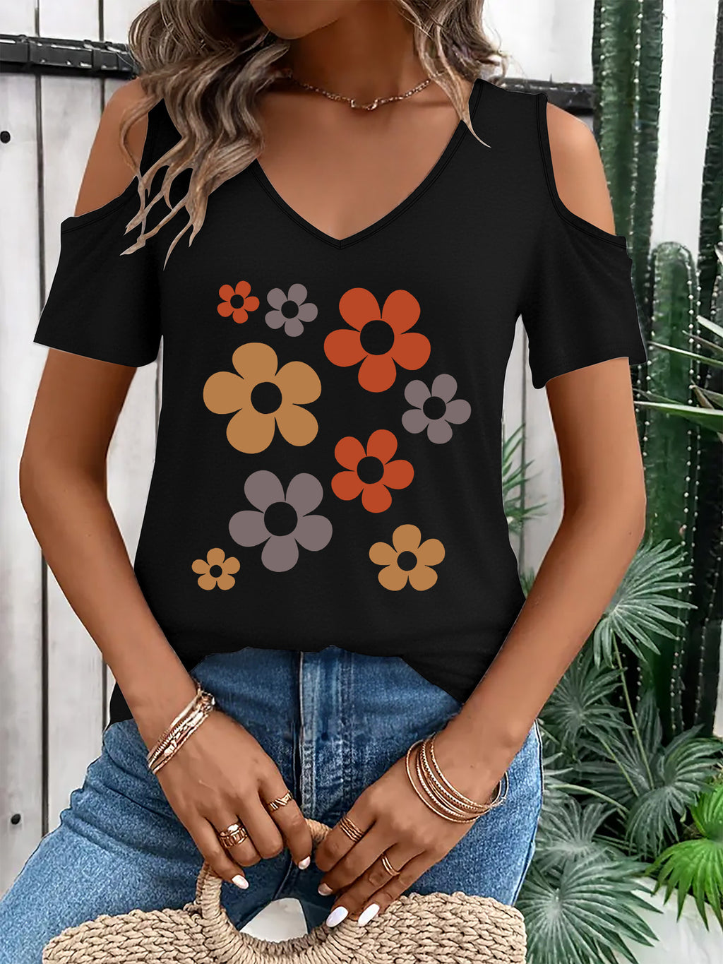 Women'S Fashion T-Shirt with a Printed Design And V-Neck, Stylish Off-Shoulder Short-Sleeve T-Shirt for Women