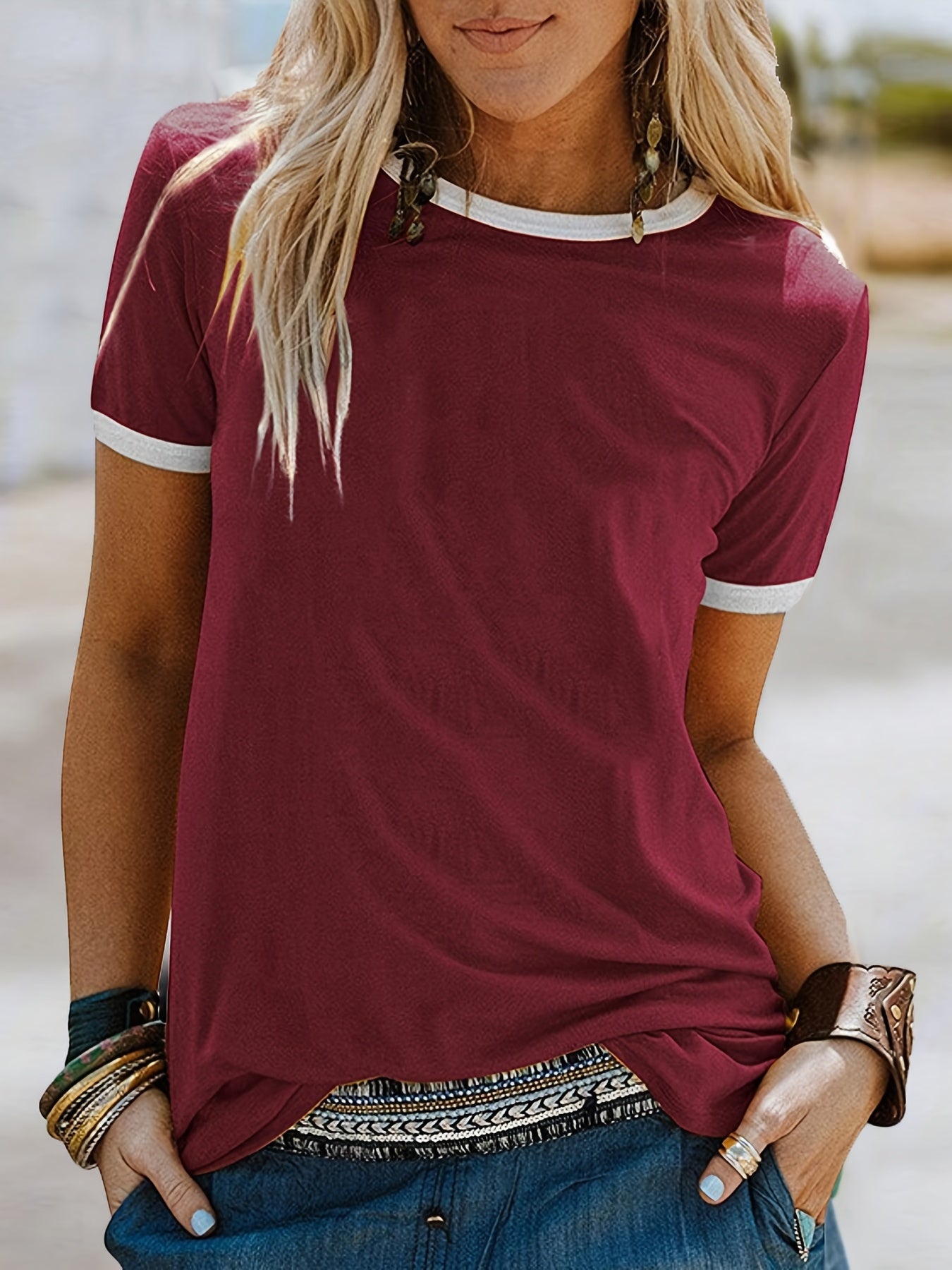 Loose Crew Neck T-shirt, Casual Simple Short Sleeve Summer T-Shirts Tops, Women's Clothing