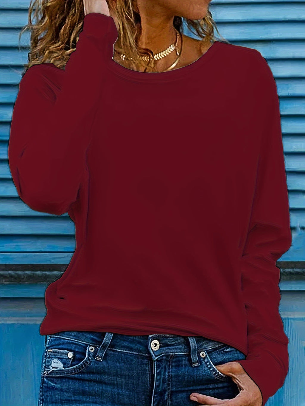 Solid Color T-shirt, Long Sleeve Crew Neck Casual Top for Spring & Fall, Women's Clothing