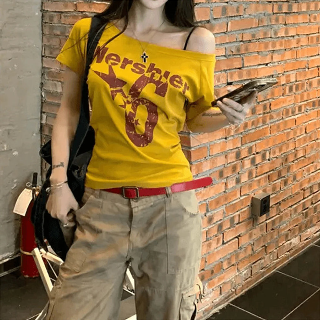Y2k Sport Summer Off shoulder Top Women Letter Sexy Vintage 2000s Short sleeve T shirt Lady Body Basic Crop Top Female Casual