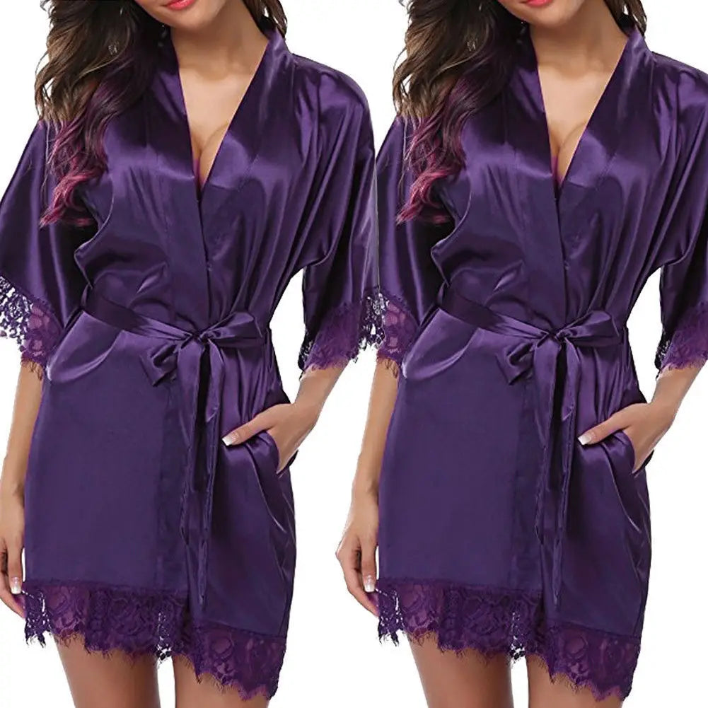 Women Ice Silk Pajamas Robes Sleepwear Nightgowns Nightdress Red Black L XL Lace Smooth Soft Comfortable Casual Pure Color