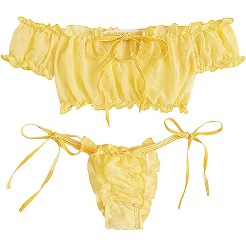 2PCS Off Shoulder Lace Up Bikini Set Women Sweet Casual Short Sleeve Swimsuits Beachwear Bathing Suits Sexy Lingerie