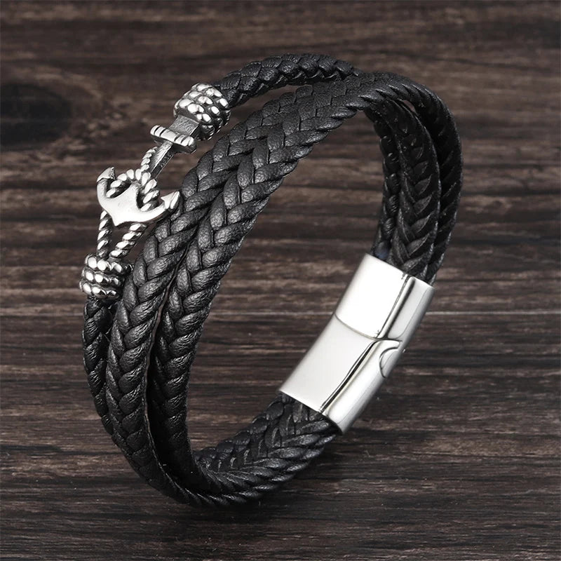 Punk Stainless Steel Anchor Bracelets Genuine Leather Bracelet & Bangles for Men Jewelry Black Color Fashion Gift