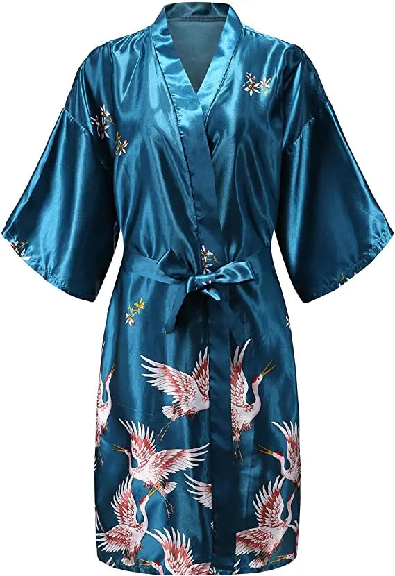 Silk Satin Wedding Bride Bridesmaid Robe Floral Bathrobe Short Kimono Robe Night Robe Bath Robe Fashion Dressing Gown For Women