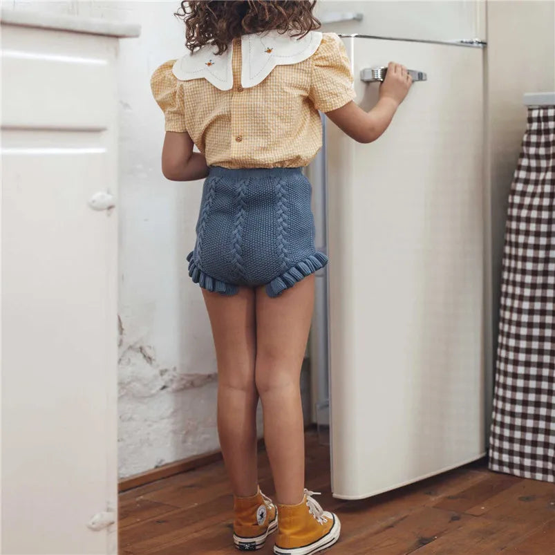 Fall Kids Girl Knitting Shorts Bloomers Lattice Flower Bud Pants Toddler Princess PP Shorts Baby Girls Ruffle Edge Lovely Shorts