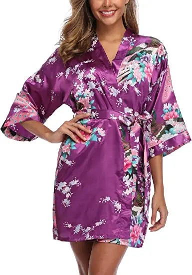 Satin Silk Women Wedding Bridemaid Robe Sexy Crane Print Bathrobe Short Long Kimono Night Gown Robe Fashion Dressing Gown Female