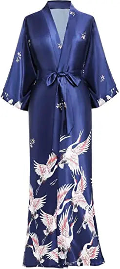 Print Crane Lady Kimono Bathrobe Gown Women Wedding Robe Loose Soft Satin Nightgown Sleepwear V-neck Long Novelty Nightwear