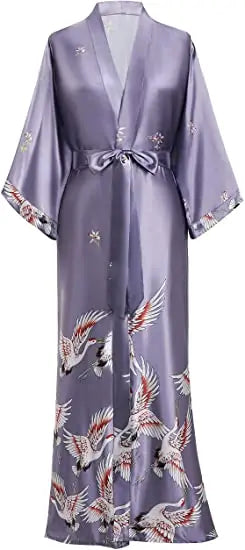 Print Crane Lady Kimono Bathrobe Gown Women Wedding Robe Loose Soft Satin Nightgown Sleepwear V-neck Long Novelty Nightwear