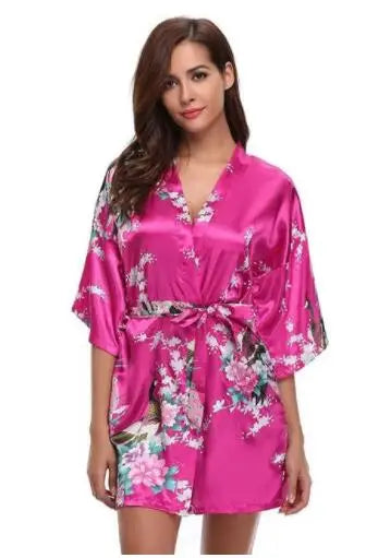 Satin Silk Women Wedding Bridemaid Robe Sexy Crane Print Bathrobe Short Long Kimono Night Gown Robe Fashion Dressing Gown Female