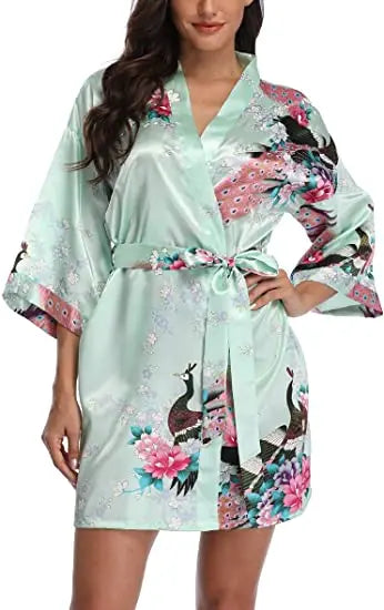 Satin Silk Women Wedding Bridemaid Robe Sexy Crane Print Bathrobe Short Long Kimono Night Gown Robe Fashion Dressing Gown Female
