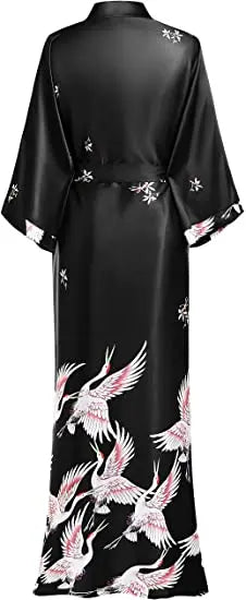 Print Crane Lady Kimono Bathrobe Gown Women Wedding Robe Loose Soft Satin Nightgown Sleepwear V-neck Long Novelty Nightwear