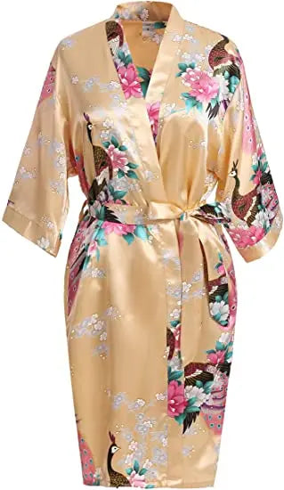 Satin Silk Women Wedding Bridemaid Robe Sexy Crane Print Bathrobe Short Long Kimono Night Gown Robe Fashion Dressing Gown Female