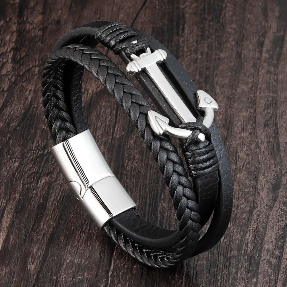 Punk Stainless Steel Anchor Bracelets Genuine Leather Bracelet & Bangles for Men Jewelry Black Color Fashion Gift