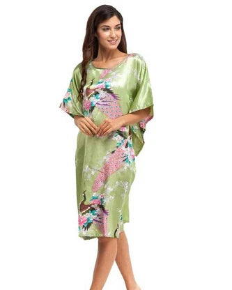 High Quality Chinese Women Silk Home Dress Robe Summer Lounge Nightshirt Short Sleeve Sleepwear Nightgown Plus Size 6XL A-073