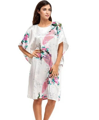 High Quality Chinese Women Silk Home Dress Robe Summer Lounge Nightshirt Short Sleeve Sleepwear Nightgown Plus Size 6XL A-073