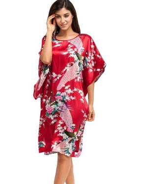 High Quality Chinese Women Silk Home Dress Robe Summer Lounge Nightshirt Short Sleeve Sleepwear Nightgown Plus Size 6XL A-073