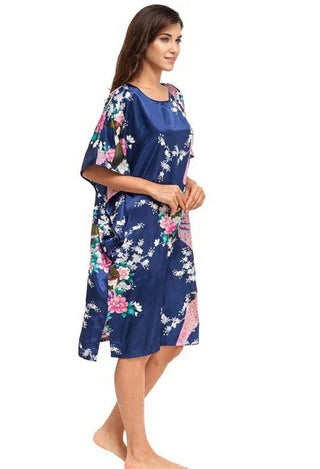 High Quality Chinese Women Silk Home Dress Robe Summer Lounge Nightshirt Short Sleeve Sleepwear Nightgown Plus Size 6XL A-073