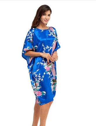 High Quality Chinese Women Silk Home Dress Robe Summer Lounge Nightshirt Short Sleeve Sleepwear Nightgown Plus Size 6XL A-073