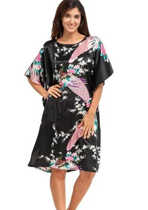 High Quality Chinese Women Silk Home Dress Robe Summer Lounge Nightshirt Short Sleeve Sleepwear Nightgown Plus Size 6XL A-073