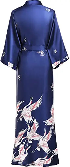 Print Crane Lady Kimono Bathrobe Gown Women Wedding Robe Loose Soft Satin Nightgown Sleepwear V-neck Long Novelty Nightwear