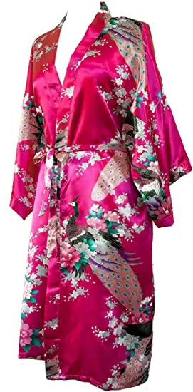 Satin Silk Women Wedding Bridemaid Robe Sexy Crane Print Bathrobe Short Long Kimono Night Gown Robe Fashion Dressing Gown Female