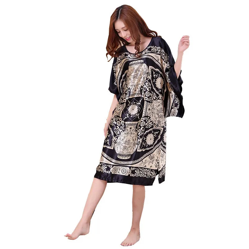 High Quality Chinese Women Silk Home Dress Robe Summer Lounge Nightshirt Short Sleeve Sleepwear Nightgown Plus Size 6XL A-073