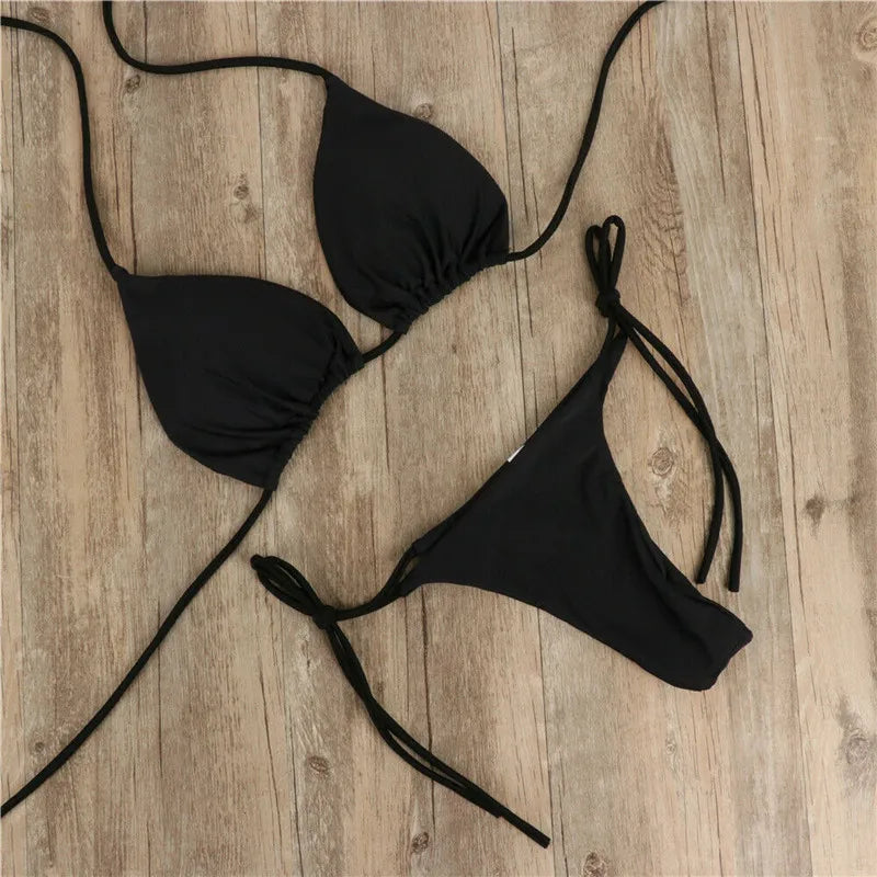 Sexy Women Bikini 2025 New Push-Up Bra Bikini Set Swimsuit For Women Solid Black Red Blue Beachwear Ladies Chest Pad Swimwear