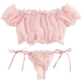 2PCS Off Shoulder Lace Up Bikini Set Women Sweet Casual Short Sleeve Swimsuits Beachwear Bathing Suits Sexy Lingerie