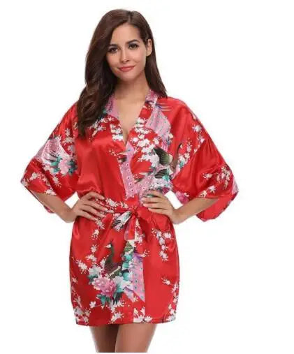 Satin Silk Women Wedding Bridemaid Robe Sexy Crane Print Bathrobe Short Long Kimono Night Gown Robe Fashion Dressing Gown Female