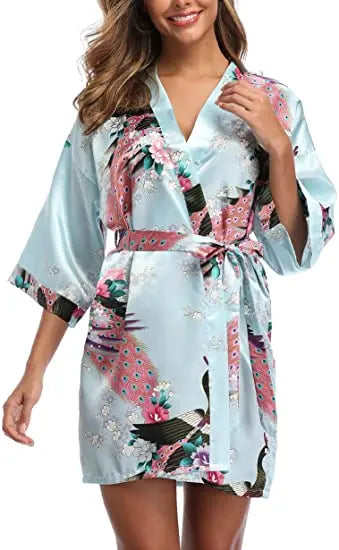 Satin Silk Women Wedding Bridemaid Robe Sexy Crane Print Bathrobe Short Long Kimono Night Gown Robe Fashion Dressing Gown Female