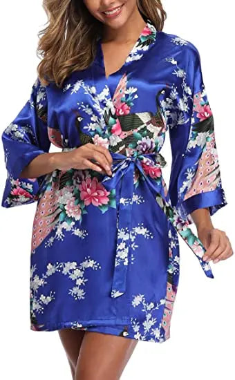 Satin Silk Women Wedding Bridemaid Robe Sexy Crane Print Bathrobe Short Long Kimono Night Gown Robe Fashion Dressing Gown Female