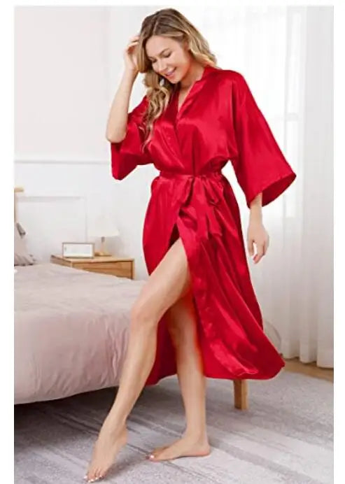 Plus Size S-XXXL Rayon Bathrobe Womens Kimono Satin Long Robe Sexy Lingerie Classic Nightgown Sleepwear with Belt