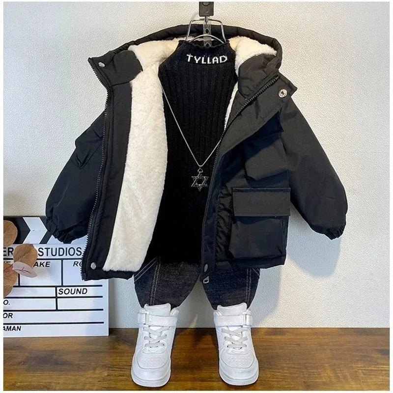 Kids Black Hooded Down Jacket (3–8Y)