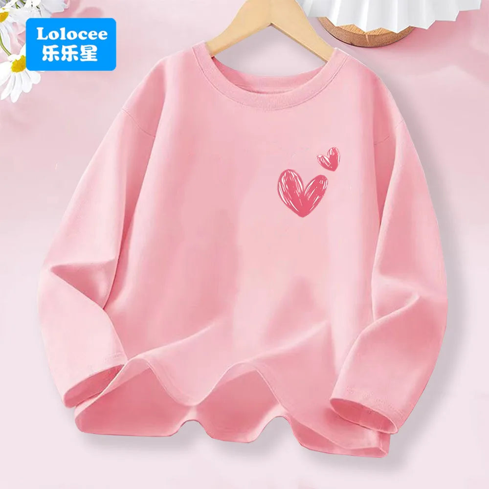 Little Girl Spring Autumn T-shirts Girls Sweet Heart Long Sleeve Tee Tops For Kids Cotton Daily Wear