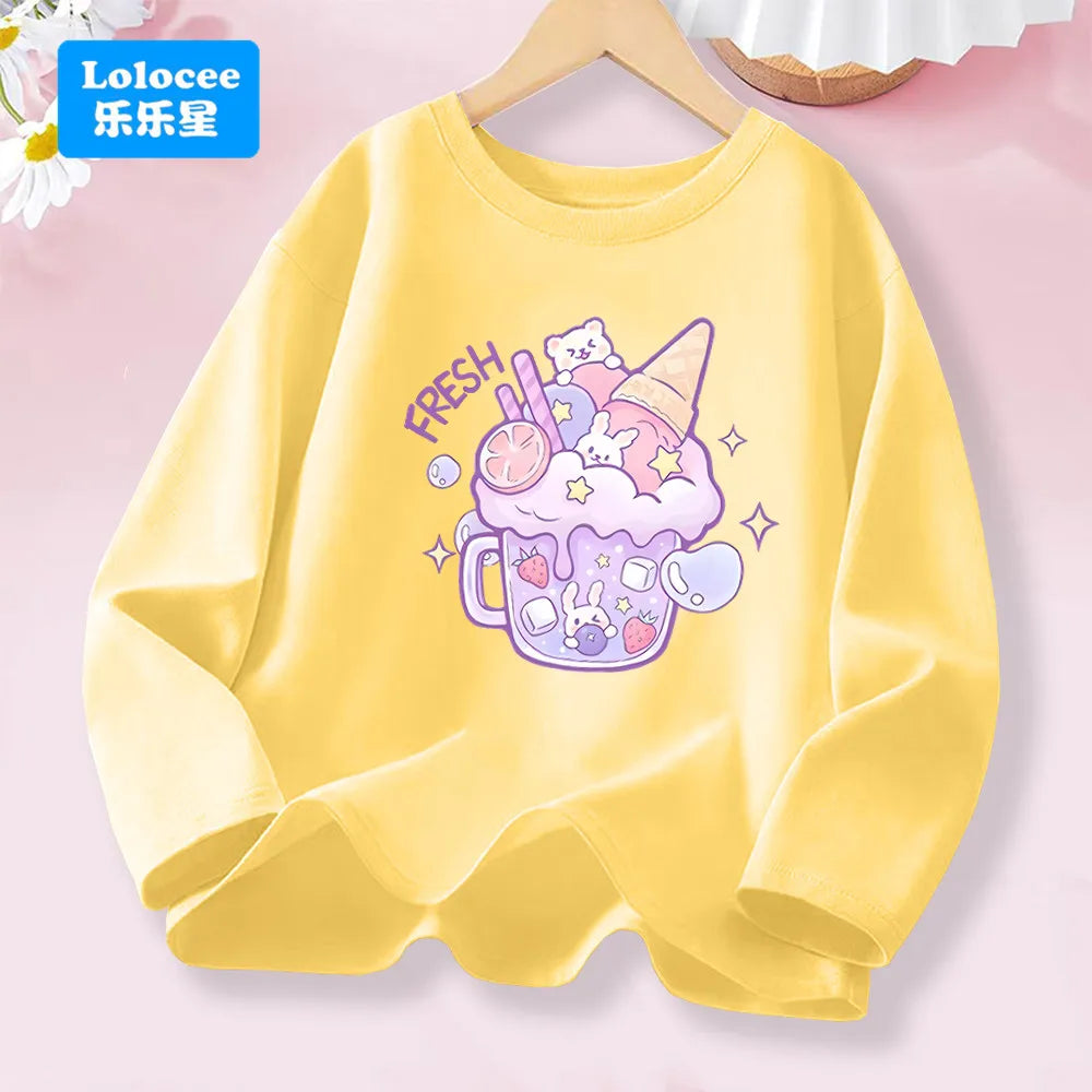 3-14years Girls' Pink Long Sleeve T-shirt - Cute "FRESH" Drink & Animal Print Kids Cotton Top 2026 Spring New