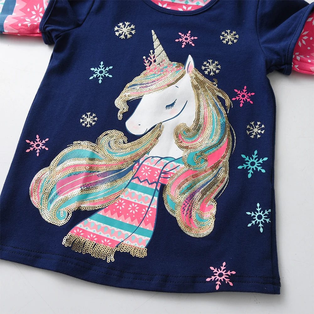 DXTON Children Tops Wear Autumn Striped Sleeve Girls T-shirts Snowflake Kids Tees School Casual Outfits Unicorn Girls Clothing
